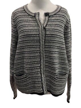 Pure Collection Striped Wool Cashmere Cardigan Size 12 Black Quiet Luxury Preppy